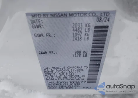 2025 Nissan Altima Sv Awd z USA, uszkodzony, nr VIN 1N4BL4DW3SN309477